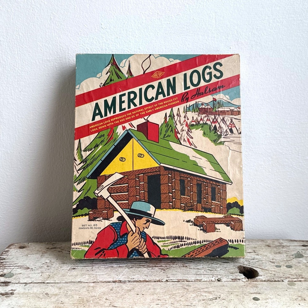 Vintage Halsam American Logs Set No 85 Wood Building Toy 86 Pieces Original Box